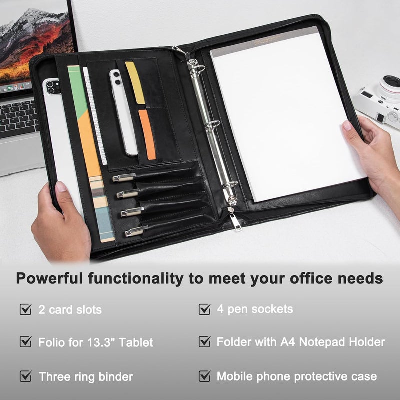 AZXCG Zipper Portfolio Padfolio Binder,3-Ring Padfolio for Women and Men,A4/Letter Size, PU Leather with iPad,Professional Organizer for Resume/Interview - Image 4